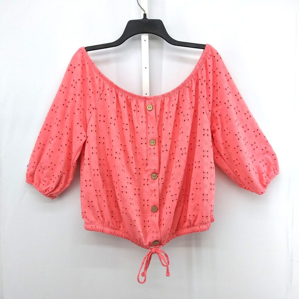 No Boundaries Shirt Womens Size XXL Coral Ballon Sleeve Button Up Tie Hem Crop - Picture 1 of 9